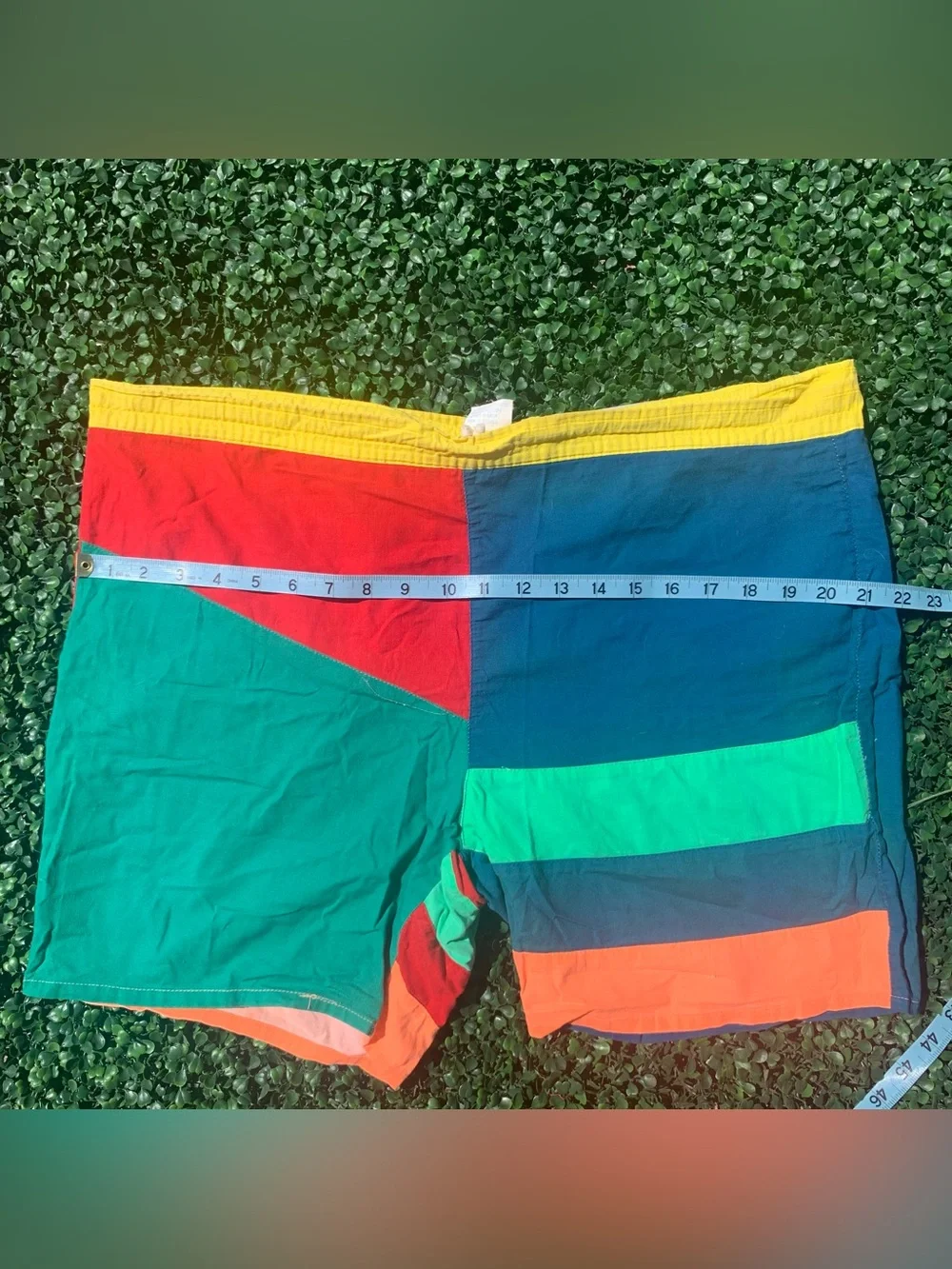 Vintage vibrant colorblock cotton swim trunks - needs elastic repair